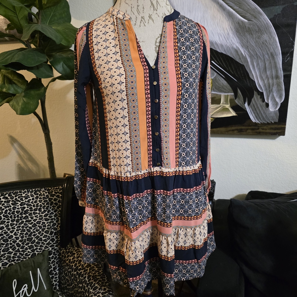 NWT LOFT Multicolor Tiered Long Sleeve Mini Dress Boho Cottage Summer